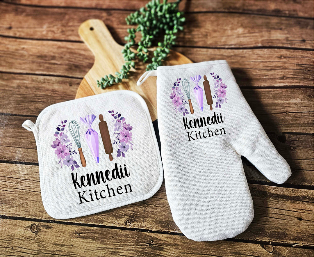 Custom Apron for Women with Pocket - Personalized Oven Mitt, Potholder, and Dish Towel - Perfect Kitchen and Wedding Gift