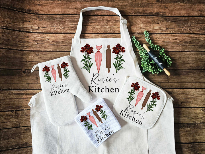 Personalized Linen kitchen gift for women Gift for mom Kitchen Potholder dish towel with name Monogram apron Grandma gift apron with pocket