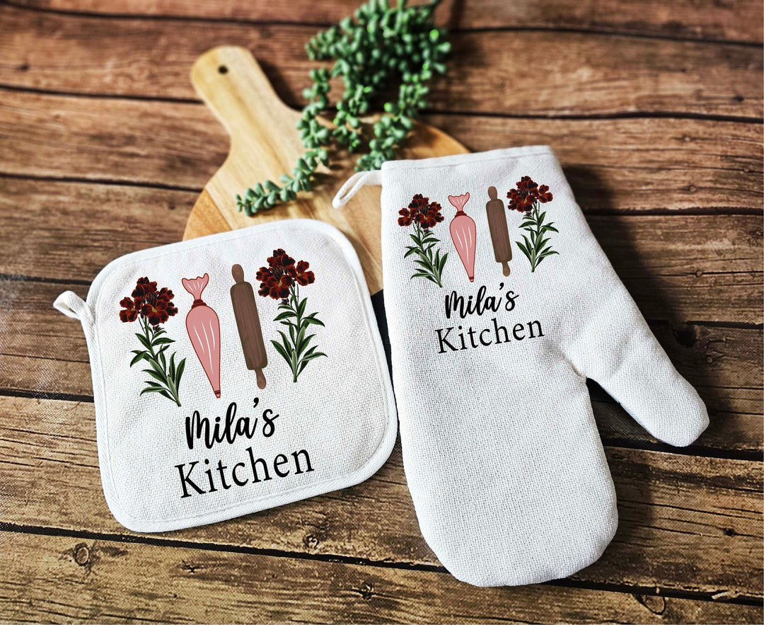 Personalized Linen kitchen gift for women Gift for mom Kitchen Potholder dish towel with name Monogram apron Grandma gift apron with pocket