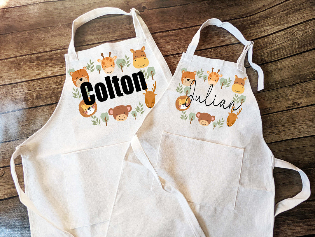 Kids apron with Pocket personalized Boho apron for toddler Custom Baking aprons kitchen apron Kid birthday gift Animal safari kids apron