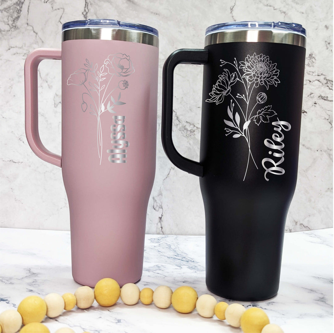 Personalized Birth Flower Cup With Name and Handle Engraved