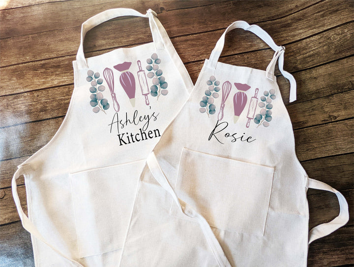 Personalized Kitchen apron for women with pocket Linen kids apron with name Matching aprons set baking apron kids baking Apron for mom Nana