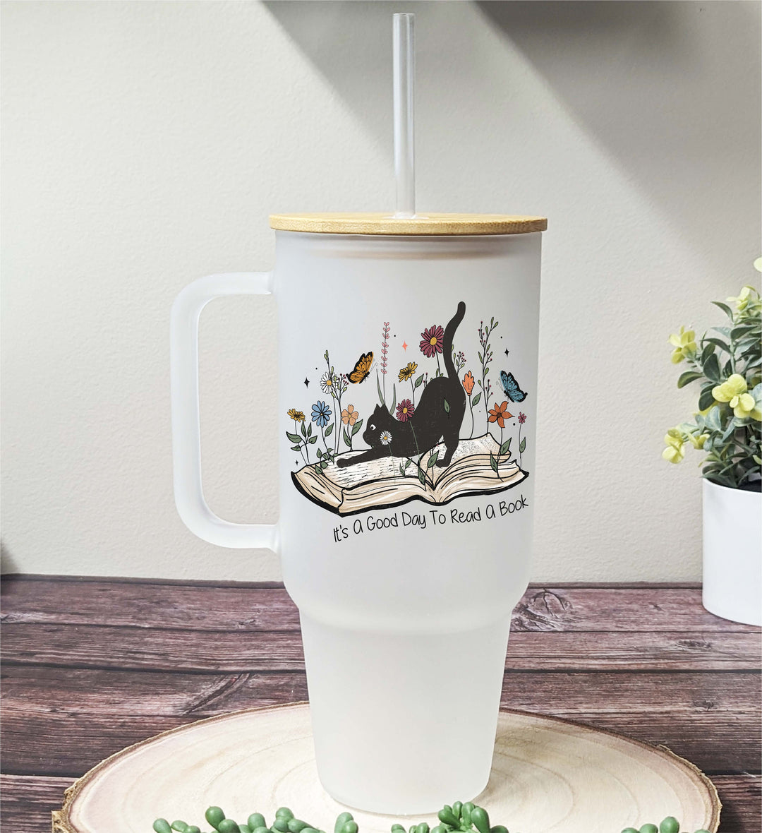 Book lover gift Cup with handle Large frosted tumbler Reader Gift Iced Coffee Glass, Bookish Gifts Iced Coffee Cup Book Lover Glass Tumbler