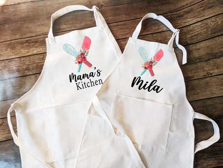 Floral Kitchen apron for women and kids Custom cooking baking Matching&nbsp;apron&nbsp;Kids Birthday gift aprons for women with pocket baking apron