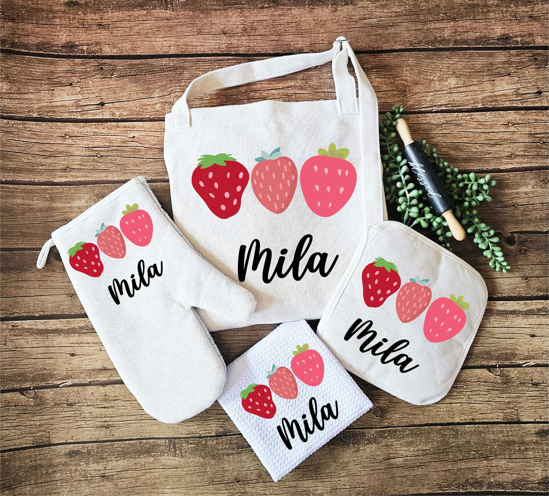 Baking Apron for women with pocket strawberry lover Custom Oven mitt and Potholder Personalized dish towel Kitchen gift for mom wedding gift