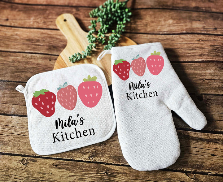 Baking Apron for women with pocket strawberry lover Custom Oven mitt and Potholder Personalized dish towel Kitchen gift for mom wedding gift