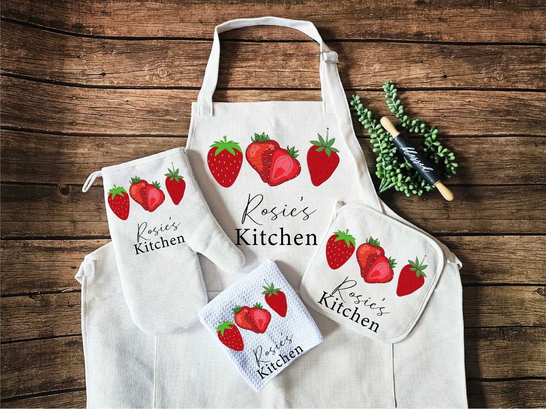 Personalized Apron for women with pocket Custom Oven mitts and Potholder Personalized dish towel Kitchen gift for her Baking gift set