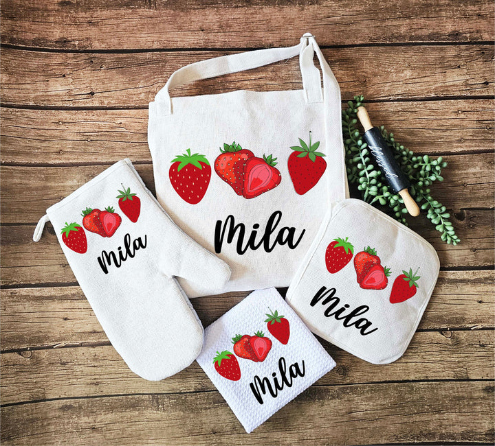 Personalized Apron for women with pocket Custom Oven mitts and Potholder Personalized dish towel Kitchen gift for her Baking gift set