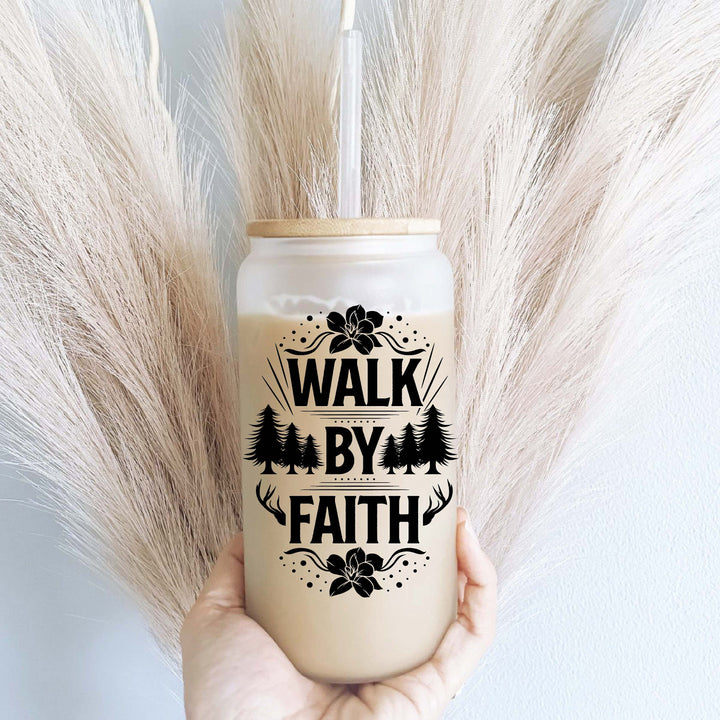 Walk by faith Christian Iced coffee Glass cup with lid Christian faith coffee cup Bible verse gift cups Christian Affirmations Glass Cup