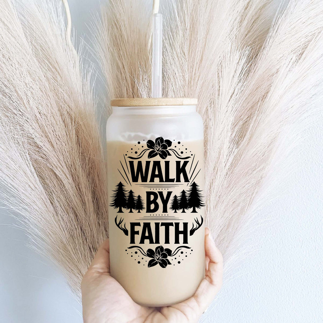 Walk by faith Christian Iced coffee Glass cup with lid Christian faith coffee cup Bible verse gift cups Christian Affirmations Glass Cup