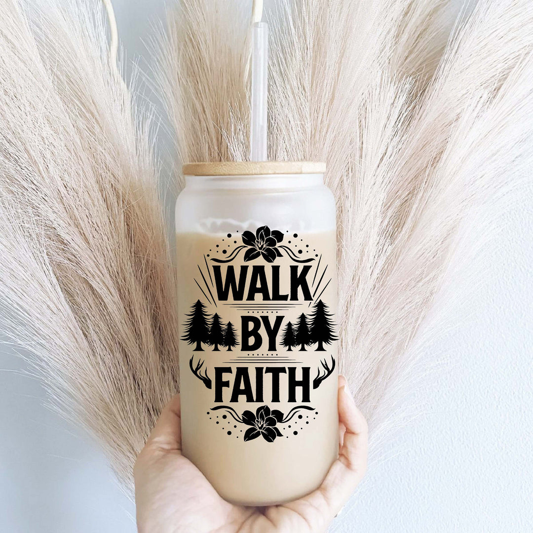 Walk By Faith Christian Iced Coffee Glass Cup With Lid