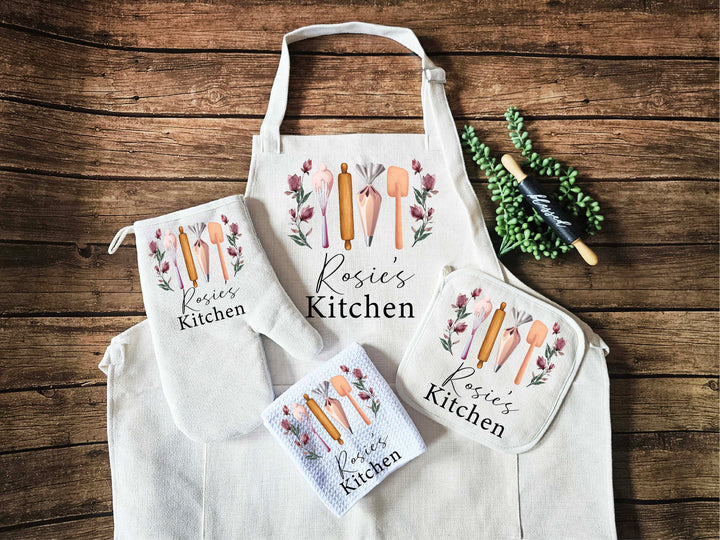 Apron for women with pocket Personalized Custom Oven mitt set Potholder Personalized dish towel Kitchen gift for mom wedding gift for her