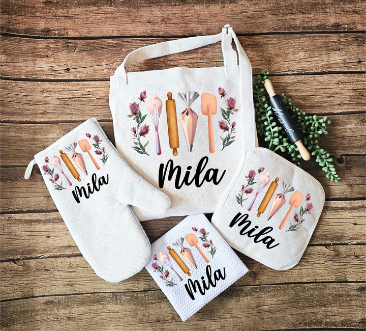 Apron for women with pocket Personalized Custom Oven mitt set Potholder Personalized dish towel Kitchen gift for mom wedding gift for her