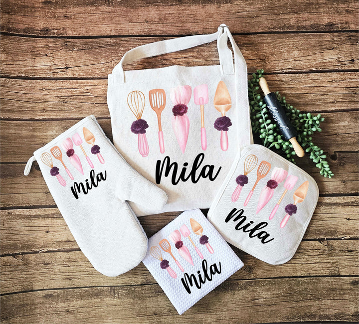 Personalized Linen Kitchen Apron for women with pocket Custom Oven mitt and Potholder Personalized dish towel Kitchen gift for mom Apron set