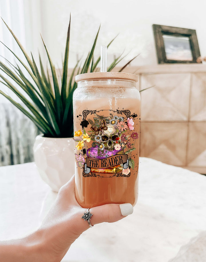 Retro Floral&nbsp;readerIced coffee cup with lid and straw Book lover Iced coffee glass Skeleton reader Tumbler book nerd gift Books reader gift