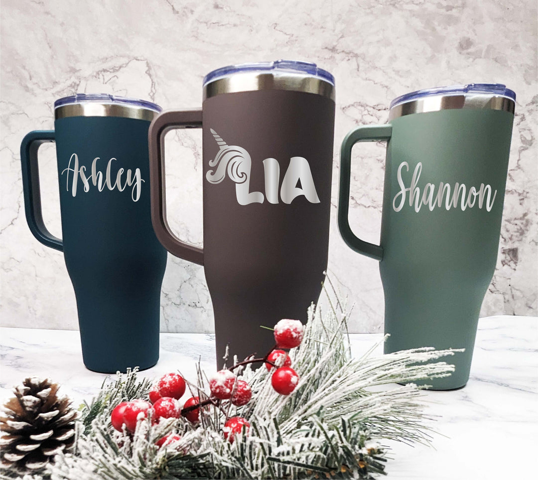 Personalized Laser Engraved Tumbler with handle Custom stainless steel tumbler with lid Bridesmaid gift tumbler Travel cup Tumbler 40oz