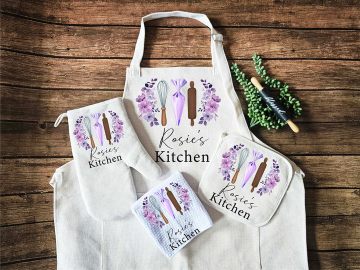 Custom Apron for Women with Pocket - Personalized Oven Mitt, Potholder, and Dish Towel - Perfect Kitchen and Wedding Gift