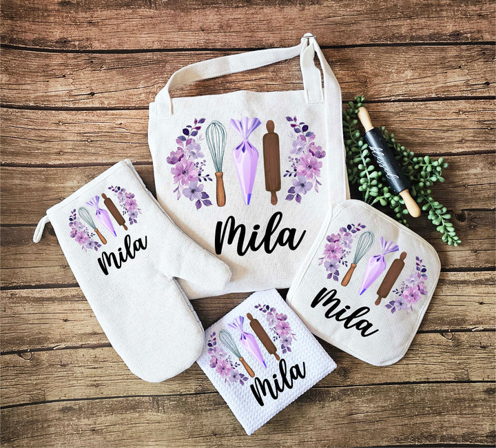 Custom Apron for Women with Pocket - Personalized Oven Mitt, Potholder, and Dish Towel - Perfect Kitchen and Wedding Gift