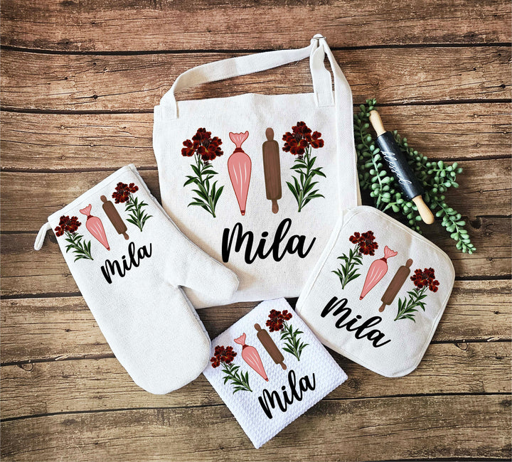 Personalized Linen kitchen gift for women Gift for mom Kitchen Potholder dish towel with name Monogram apron Grandma gift apron with pocket