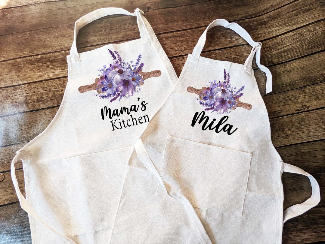 Personalized floral apron Adult and kids Custom cooking baking Matching&nbsp;apron&nbsp;Kids Birthday gift aprons for women with pocket baking apron