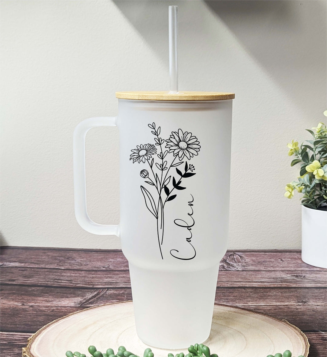 Personalized Birth Flower Coffee Cup with handle Large Glass Tumbler Birth month Flower cup 40 oz Travel Mug Customized Birth Flower Tumbler