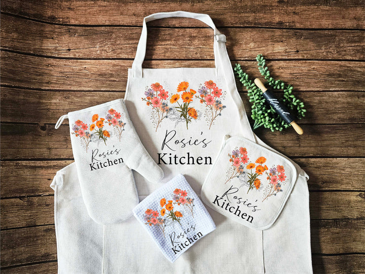 Custom Apron for women with pocket Custom Oven mitts and Potholder Personalized dish towel Kitchen gift for her wedding gift for her