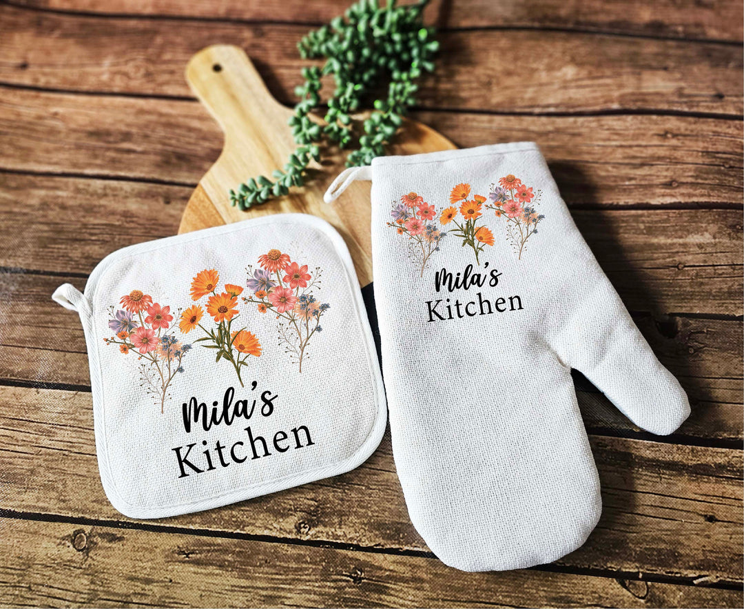 Custom Apron for women with pocket Custom Oven mitts and Potholder Personalized dish towel Kitchen gift for her wedding gift for her