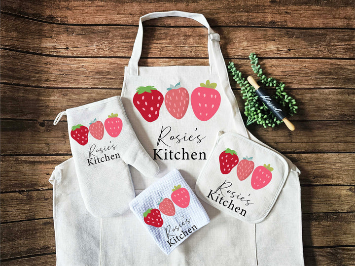 Baking Apron for women with pocket strawberry lover Custom Oven mitt and Potholder Personalized dish towel Kitchen gift for mom wedding gift