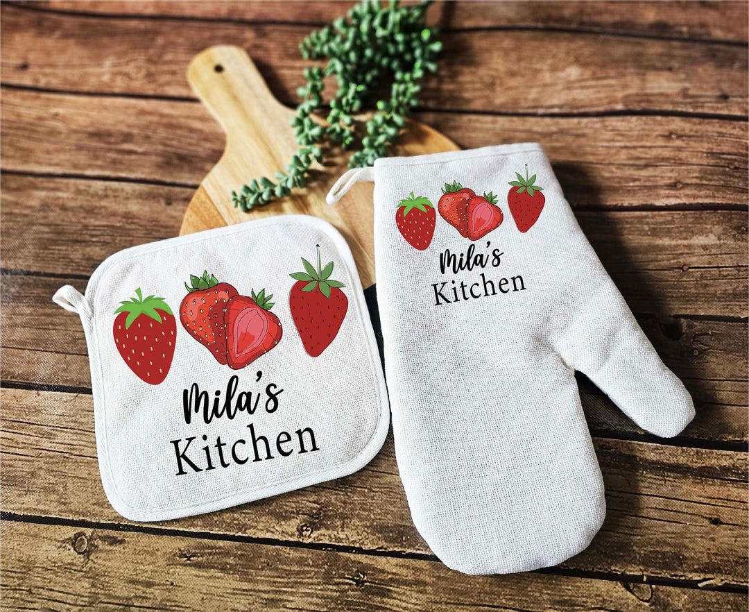 Personalized Apron for women with pocket Custom Oven mitts and Potholder Personalized dish towel Kitchen gift for her Baking gift set