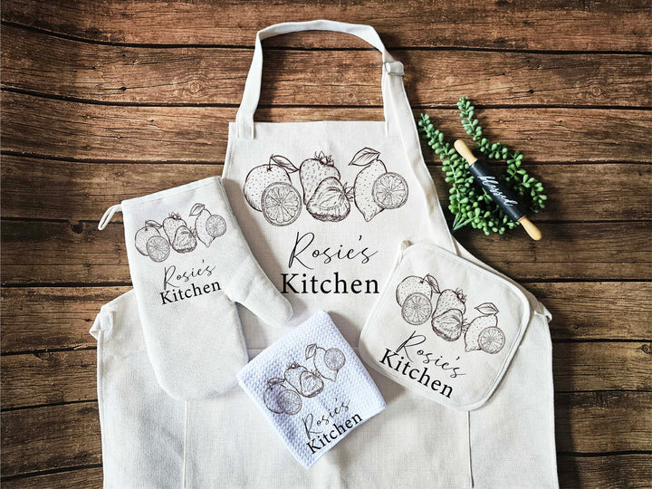 Kitchen Apron for women with pocket Custom Oven mitts and Potholder Personalized dish towel Kitchen gift for her wedding gift for her