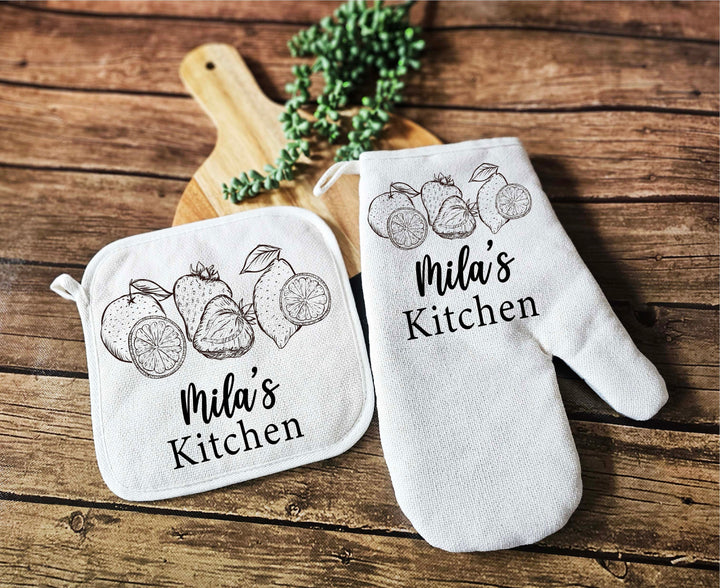 Kitchen Apron for women with pocket Custom Oven mitts and Potholder Personalized dish towel Kitchen gift for her wedding gift for her