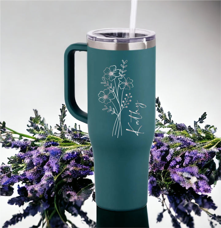 Floral Engraved Tumbler with Handle – Personalized Travel Mug