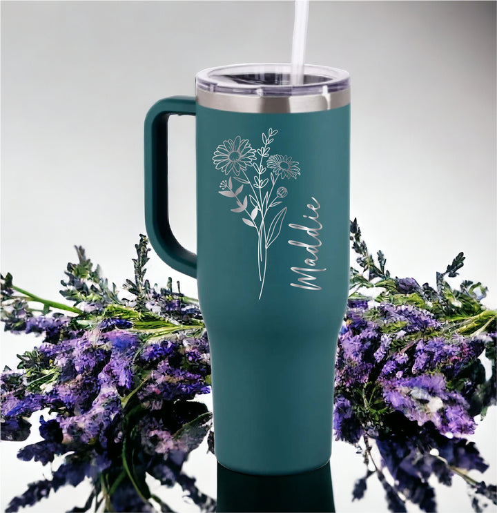 Personalized Birth Flower Cup With Name and Handle Engraved