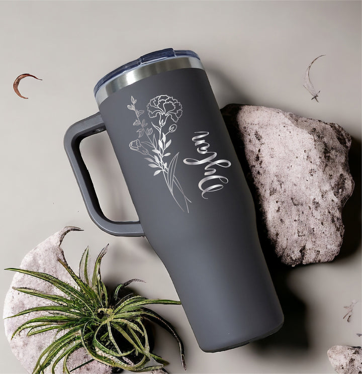 Personalized Birth Flower Cup With Name and Handle Engraved