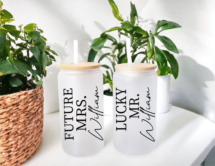 Personalized Couple gift set future Mrs and Lucky Mr iced coffee cup Lid &amp; straw Bridal shower gift for couple Engaged tumbler Gift Mrs mr