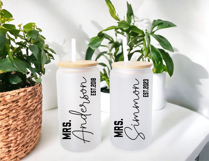 Personalized future Mrs iced coffee cup with est year Lid &amp; straw Bridal shower gift for couple Engaged tumbler Gift Bride to be gift friend