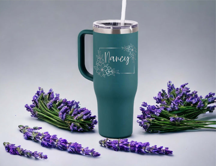 Engraved Floral travel Cup With Name and Handle 40 oz Customized Flower Tumbler Bridesmaid Proposal Gift cup Travel Mug Gift for Birthday