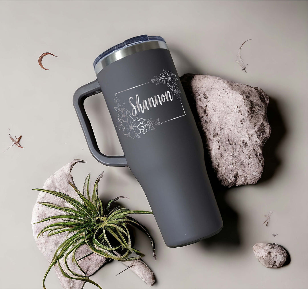 Engraved Floral travel Cup With Name and Handle 40 oz Customized Flower Tumbler Bridesmaid Proposal Gift cup Travel Mug Gift for Birthday