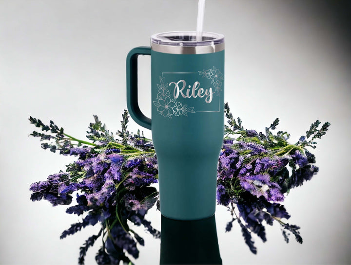 Engraved Floral travel Cup With Name and Handle 40 oz Customized Flower Tumbler Bridesmaid Proposal Gift cup Travel Mug Gift for Birthday