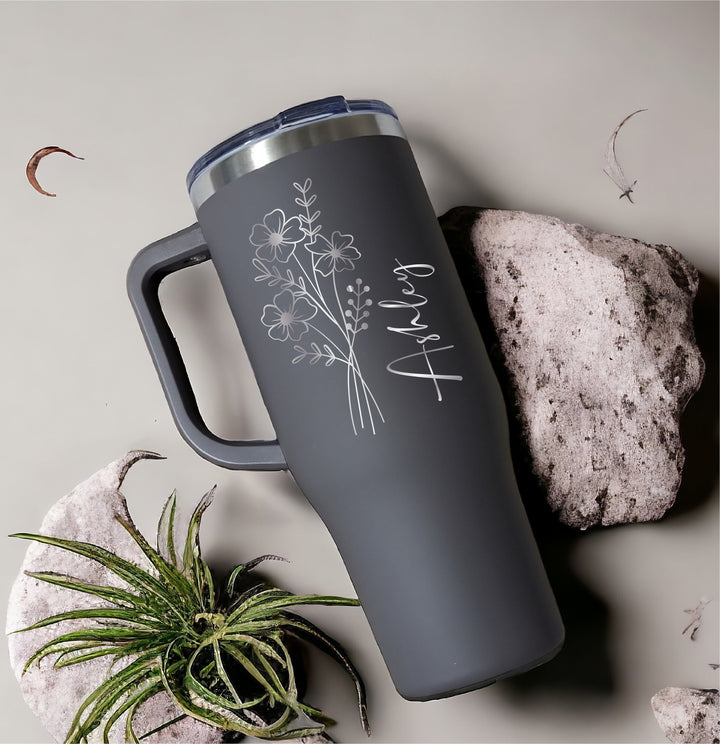 Floral Engraved Tumbler with Handle – Personalized Travel Mug