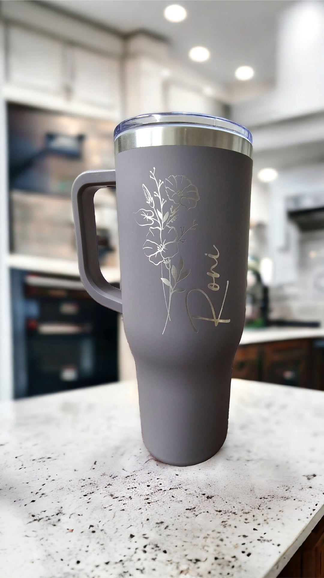 Personalized Birth Flower Cup With Name and Handle Engraved