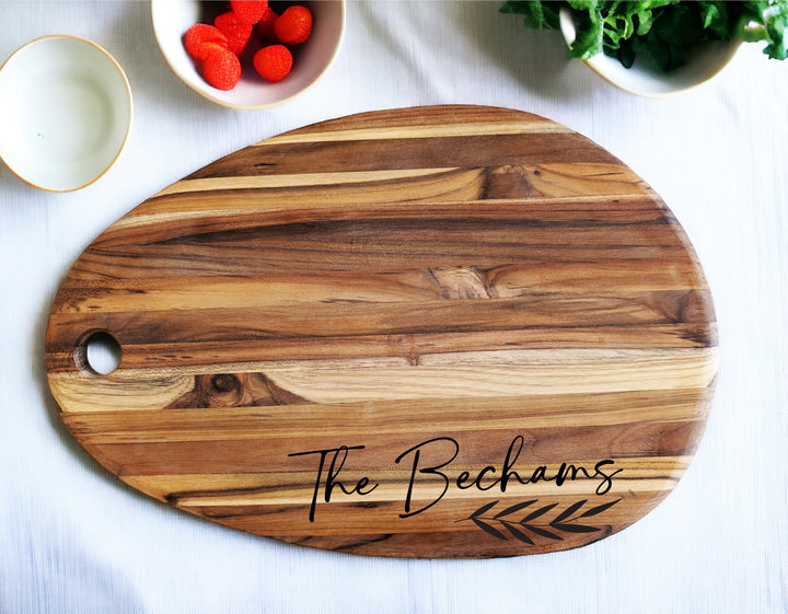 Personalized Teak Wood Charcuterie Board - Custom Cheese Board with Names - Ideal Wedding Gift for Newlyweds and Kitchen Gift for Mom