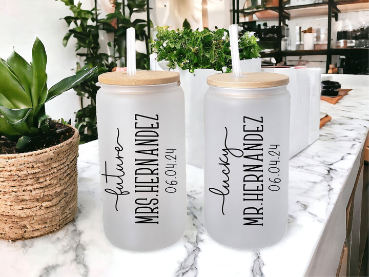 Personalized Couple gift set future Mrs and Lucky Mr iced coffee cup Lid &amp; straw Bridal shower gift for couple Engaged tumbler Gift Mrs mr