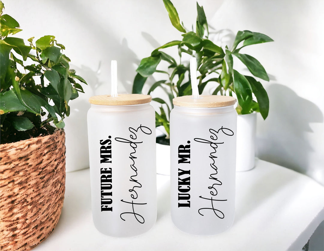 Personalized Couple gift set future Mrs and Lucky Mr iced coffee cup Lid &amp; straw Bridal shower gift for couple Engaged tumbler Gift Mrs mr