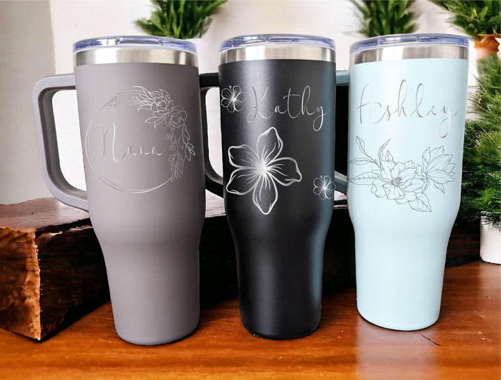 Personalized engraved Tumbler With Lid and Handle 40 oz Customized Floral cup Bridesmaid Proposal Tumbler Travel Mug Birthday gift for her