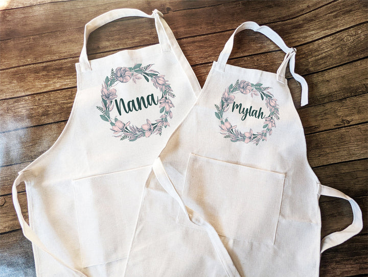 Personalized apron for women kid Custom cooking baking greenery apron Kids Birthday gift apron for women with pocket Grandma Kitchen apron