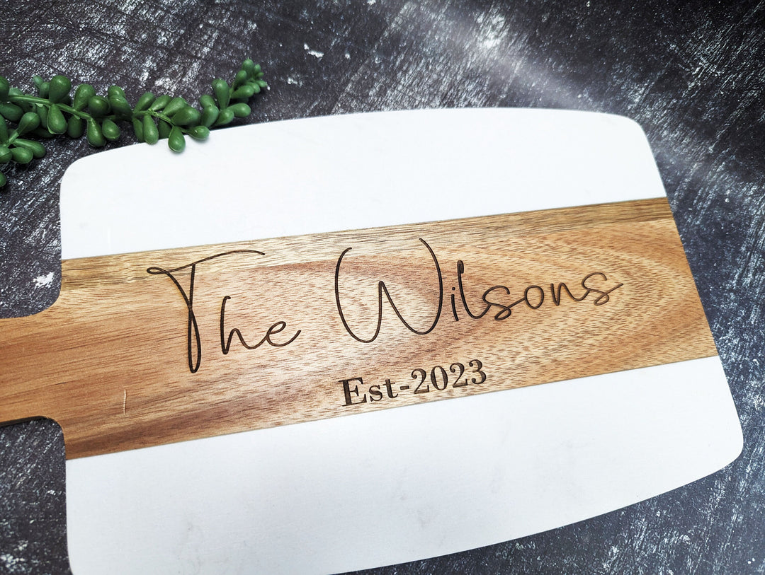 Personalized Marble Charcuterie Board with Handle - Custom Engraved Cheese Board and Serving Tray - Perfect Wedding or Engagement Gift