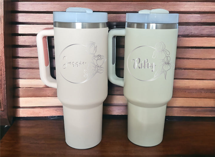 Birth Flower Tumbler Personalized with Handle Custom 40oz