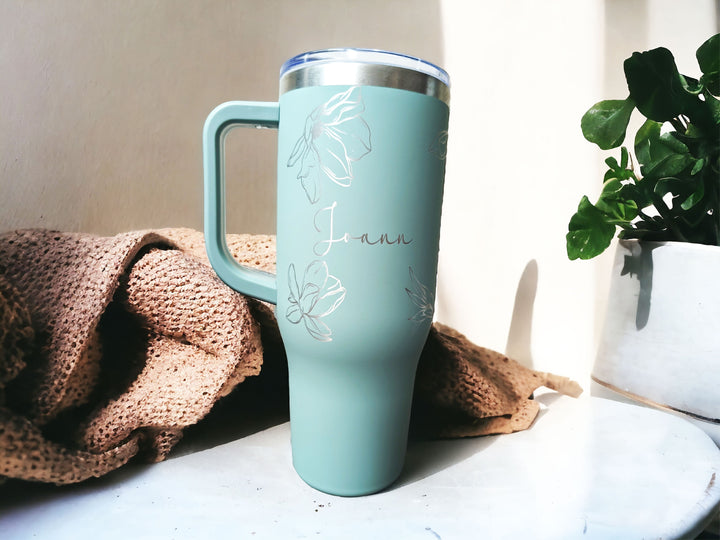 Personalized Tumbler With Lid and Handle 40 oz engraved Custom floral mama cup Tumbler Best friend Birthday gift for her Best gift nana