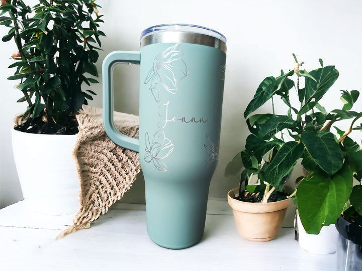 Personalized Tumbler With Lid and Handle 40 oz engraved Custom floral mama cup Tumbler Best friend Birthday gift for her Best gift nana